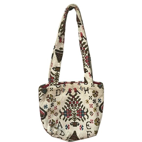 Vintage Handmade Tapestry Teacher Alphabet Birds Tote Bag Shoulder Bag - Picture 2 of 5